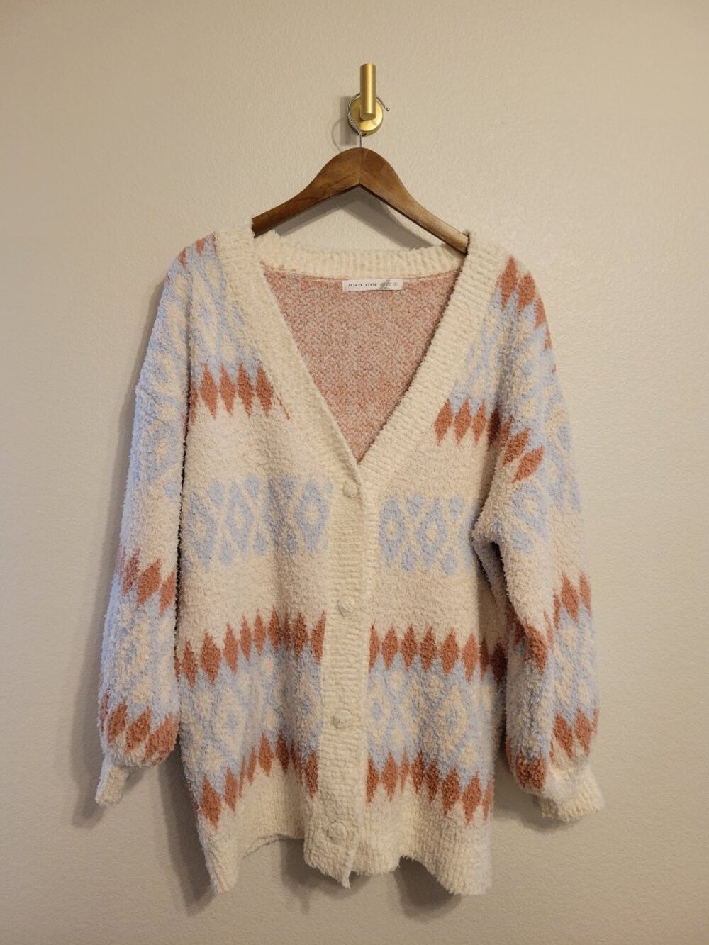 Altar'd State Adalyn Fairisle Oversized Button Up Cardigan Sweater Small Cream